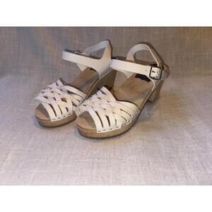 Swedish Hasbeens White Leather Woven Strap Sandals with Wooden Heel Size 38 US 8